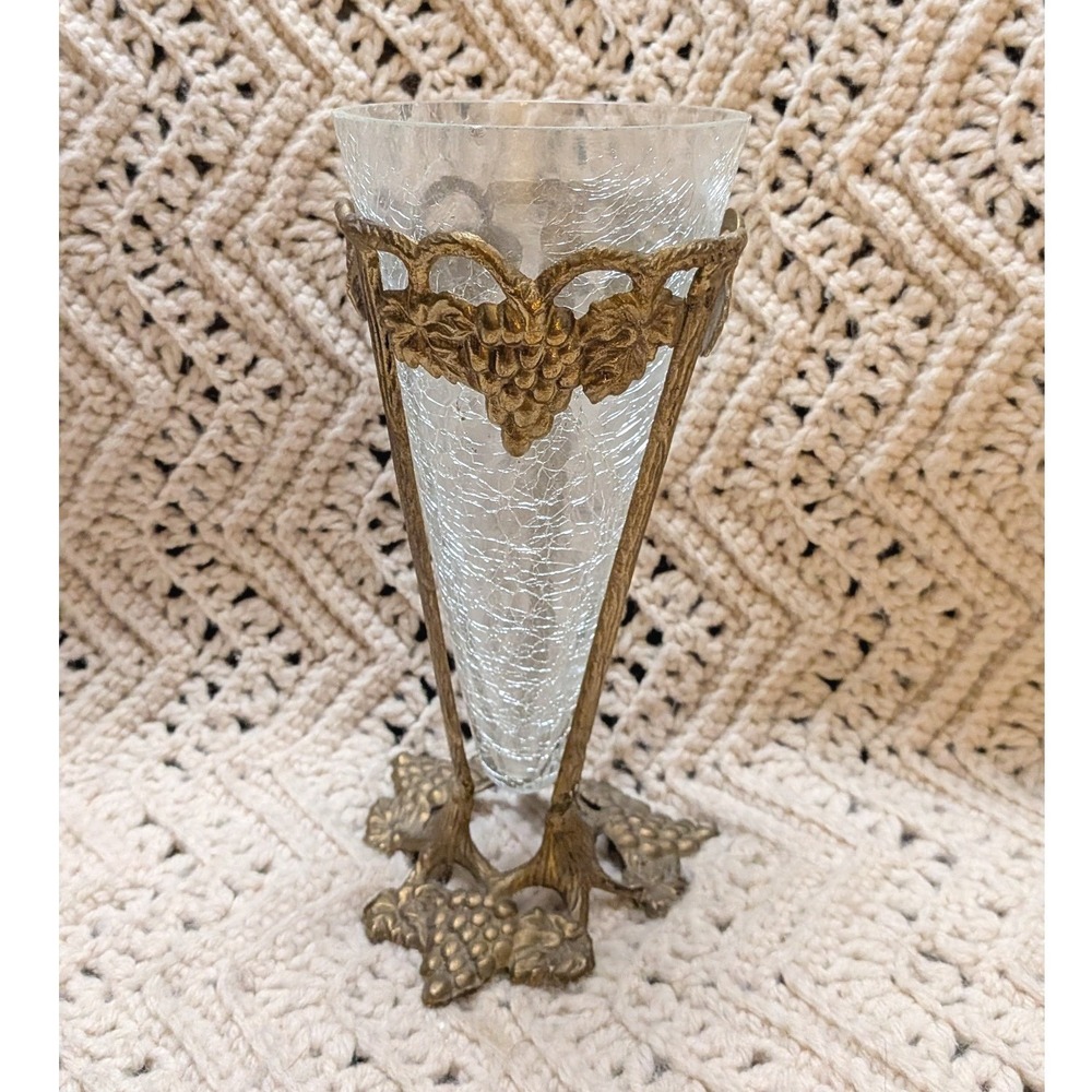 Vintage Crackle Glass Trumpet Vase Grape Vine Ornate Metal Stand Made in India